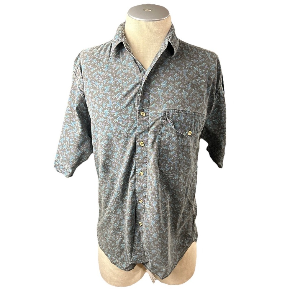 Shah Safari Vintage Mens Paisley Button Up Shirt Short Sleeve Blue Size M
